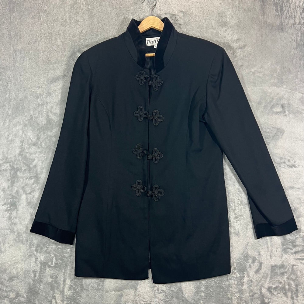 Paradox Vintage Band Collar Blazer Womens 10 Black Frog Toggle Velvet Trim Coat